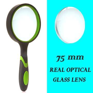 NIACONN 2 PCs 5X Handheld Magnifying Glass Shatterproof Reading Magnifier for Seniors and Kids, 75mm Large Real Glass Magnifying Lens with Non-Slip Rubber Handle for Reading Hobbies and Science