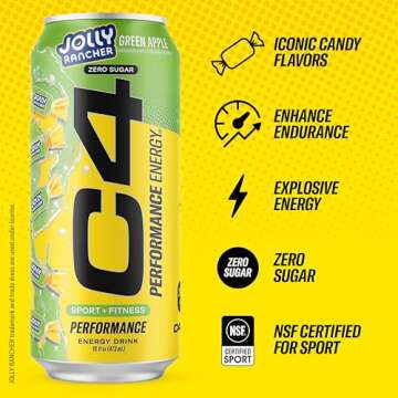 Cellucor C4 Performance Energy Drink | JOLLY RANCHER Green Apple | Zero Sugar Carbonated Preworkout Energy | 200mg Caffeine with Beta Alanine | 16 Fl Oz (12 Pack)