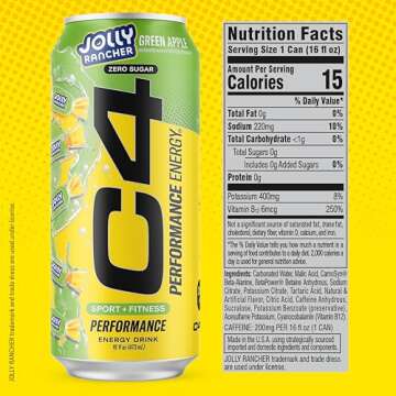 Cellucor C4 Performance Energy Drink | JOLLY RANCHER Green Apple | Zero Sugar Carbonated Preworkout Energy | 200mg Caffeine with Beta Alanine | 16 Fl Oz (12 Pack)