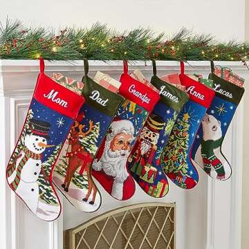 Let's Make Memories Personalized Needlepoint Christmas Stocking - Embroidered Family Stockings - Old-Fashioned Christmas Décor - Mantel Décor - 8"x17" - Customized Embroidered Name - Tree