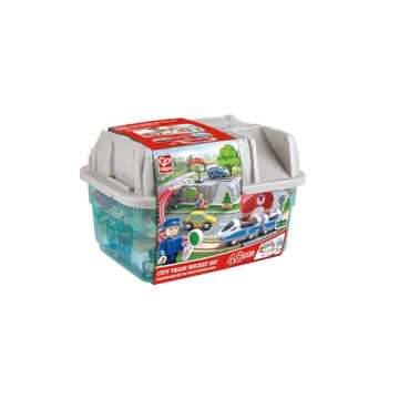 Hape City Railway and Train Bucket Set Toy with Hoisting Magnetic Crane for Trains, Trucks, and Cargo for Kids Ages 3 and Up, Multicolor