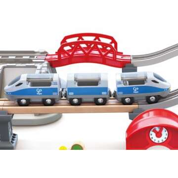 Hape City Railway and Train Bucket Set Toy with Hoisting Magnetic Crane for Trains, Trucks, and Cargo for Kids Ages 3 and Up, Multicolor