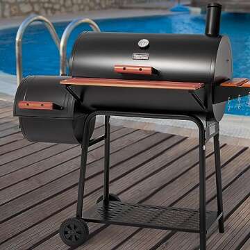 Royal Gourmet CC1830W 30-Inch Charcoal Grill with Offset Smoker and Wood-Painted Side Table, Outdoor Smoker Grill with 811 Sq. In. Cooking Area for Outdoor Barbecue Event, Black