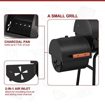 Royal Gourmet CC1830W 30-Inch Charcoal Grill with Offset Smoker and Wood-Painted Side Table, Outdoor Smoker Grill with 811 Sq. In. Cooking Area for Outdoor Barbecue Event, Black