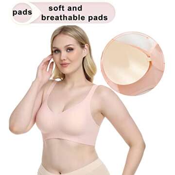 PRETTYWELL Bras for Women No Underwire Padded Wireless Bra Ribbed Seamless Bra Comfortable Lift V-Neck Bralettes with Support Pink