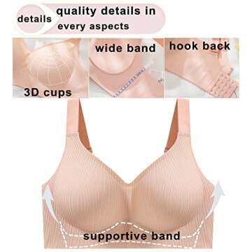 PRETTYWELL Bras for Women No Underwire Padded Wireless Bra Ribbed Seamless Bra Comfortable Lift V-Neck Bralettes with Support Pink