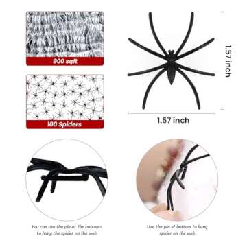 900 Sqft Spider Webs Halloween Decorations with 100 Fake Spiders,Super Stretchy Cobwebs for Halloween Decorations Indoor,Fake Spider Web for Halloween Party Decorations,Scary Outdoor Halloween Decor