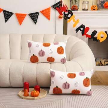 Tosleo Pink Halloween Throw Pillow Covers 12x20 inch Set of 2 Fall Decor Pillowcases Halloween 3D Orange Pumpkins Embroidered Pillow Cases Thanksgiving Home Party Cushion Covers