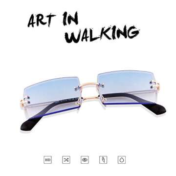 ADE WU Rimless Rectangle Sunglasses for Women Men,Trendy 90s Fashion Sheer Pink,Blue Tinted Lens Frameless Glasses