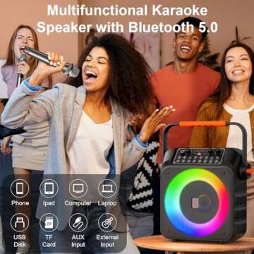 HWWR Karaoke Machine with 2 Wireless Microphones, Portable Karaoke Machine for Adults and Kids, Bluetooth Speaker with Microphone, PA System & LED Lights for Home Singing Outdoor Party, Music Gifts