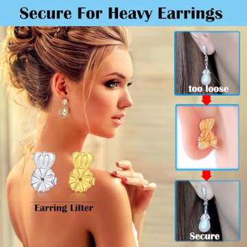 Kouley 3 Pairs 14K Earring Backs Lifters,Hypoallergenic Earring Backs for Droopy Ears,Adjustable Crown Earring Backs for Heavy Earring(2white+1gold)