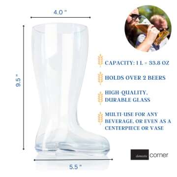 Domestic Corner - Das Boot - Quality Glass Beer Boot Mug for Oktoberfest Celebrations, St. Patrick's Day, Bachelor or Bachelorette Festivities, Holds Over 2 Beers