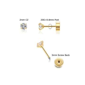 Tiny 2mm CZ Stud Earrings in 14K Gold with Secure Flat Screw Back