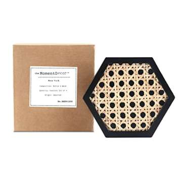 Unique Wooden Rattan Coasters | Stylish Rattan Decor to Protect Surfaces | Set of 4 | Classic Black Coasters for Drinks | Natural Handwoven Design (Hexagon)