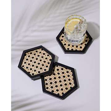 Unique Wooden Rattan Coasters | Stylish Rattan Decor to Protect Surfaces | Set of 4 | Classic Black Coasters for Drinks | Natural Handwoven Design (Hexagon)