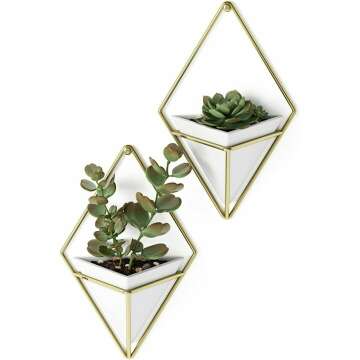 Umbra Trigg Hanging Planter Vase Wall Decor, Set of 2 Pots Containers for Succulents, Cactus, Faux Plants, and More, Small, White/Brass