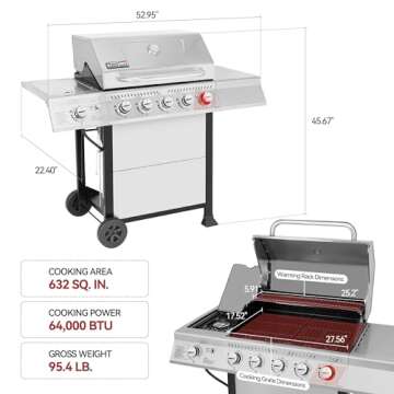 Royal Gourmet GA5401T 5-Burner Propane Gas Grill with Sear Burner and Side Burner, Stainless Steel BBQ Grill with 632 Sq. In. Grilling Area for Outdoor Barbecue Cooking, 64,000 BTUs, Silver