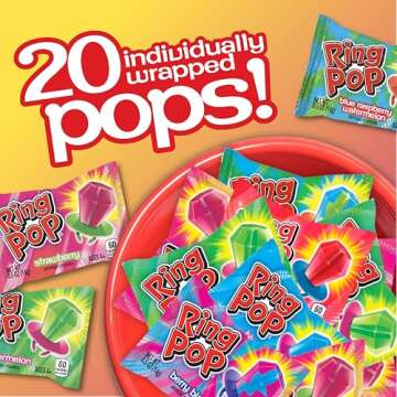 Ring Pop Candy Lollipops - Individually Wrapped Bulk Lollipop Variety Party Pack – 20 Count Suckers w/ Assorted Flavors - Fun Candy for Kids - Hard Candy for Party Favors, Birthdays & Goodie Bags