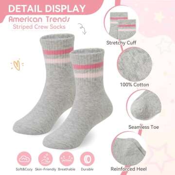 American Trends Retro Crew Socks: 4 Pairs Girls Socks 8-10 Years Old Cute Striped Socks - Pink/White Hearts Stripes Kids Socks