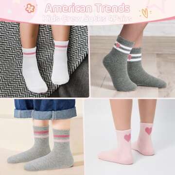 American Trends Retro Crew Socks: 4 Pairs Girls Socks 8-10 Years Old Cute Striped Socks - Pink/White Hearts Stripes Kids Socks