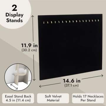 Genie Crafts 2 Pack Jewelry Display for Selling, Black Velvet Boutique Necklace Stands Boards with Hooks for Pop Up Shop (15 x 12 x 4.5 In)