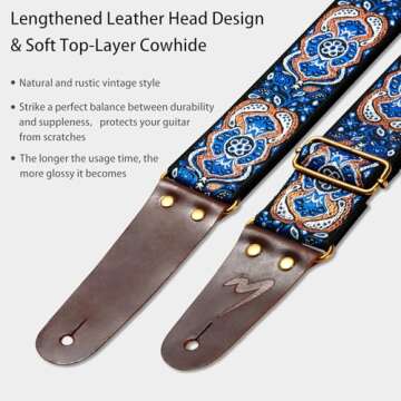 MUSILY Guitar Strap, Vintage Embroidery Cotton with Extended Leather Ends for Acoustic Guitar, Electric Guitar & Bass! Feel the Comfort & Express Your Artistic Style! (Paisley Sapphire)