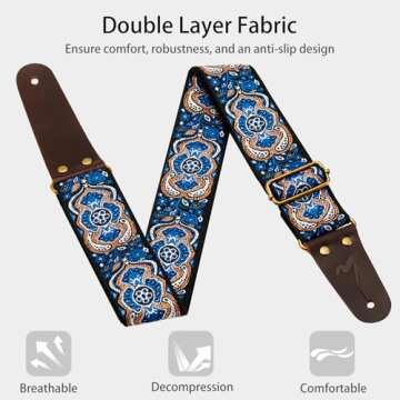 MUSILY Guitar Strap, Vintage Embroidery Cotton with Extended Leather Ends for Acoustic Guitar, Electric Guitar & Bass! Feel the Comfort & Express Your Artistic Style! (Paisley Sapphire)