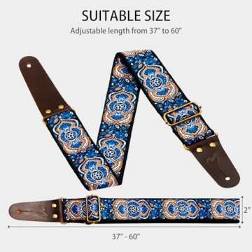 MUSILY Guitar Strap, Vintage Embroidery Cotton with Extended Leather Ends for Acoustic Guitar, Electric Guitar & Bass! Feel the Comfort & Express Your Artistic Style! (Paisley Sapphire)