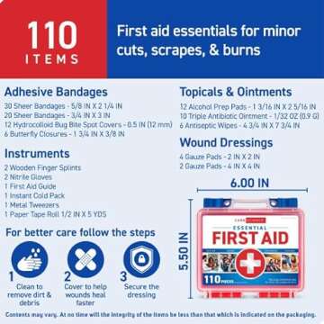 Care Science First Aid Kit, 110 Pieces | FSA HSA Eligible | Professional Use for Travel, Work, School, Home, Car, Survival, Camping, Hiking, and More