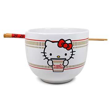 Hello Kitty Cup Noodles Japanese Ceramic Dinnerware Set | Includes 20-Ounce Ramen Bowl and Wooden Chopsticks | Asian Food Dish Set For Home Kitchen | Kawaii Anime Gifts, Official Sanrio Collectible