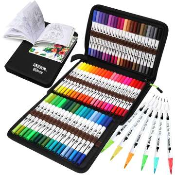 ZSCM Art Duo Tip Brush Markers Set , 60 Colors Fine& Brush Tip Artist Drawing Pens Set with Coloring Book, for Kids Adult Sketching Bullet Journal Planner School Supplies Child Gifts