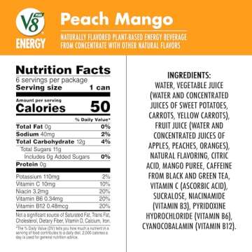 V8 +Energy Peach Mango Juice Energy Drink, 8 fl oz Can (24 Pack)