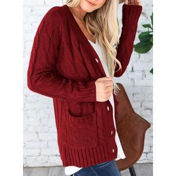 PRETTYGARDEN Women's Open Front Cardigan Sweaters Fall Fashion Button Down Cable Knit Chunky Winter Outerwear Coats (Wine Red,Small)