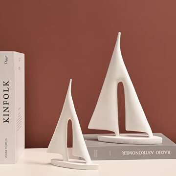 Saysmile Modern Sculptures Home Decor, Sailboat Decor Ornament, Boat Decorations Statue Decor, Art Sculptures and Statues, Sailboat Gifts Home Office Bathroom Shelf Decor (White-2 Pack)