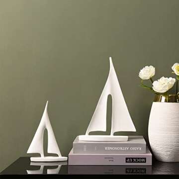 Saysmile Modern Sculptures Home Decor, Sailboat Decor Ornament, Boat Decorations Statue Decor, Art Sculptures and Statues, Sailboat Gifts Home Office Bathroom Shelf Decor (White-2 Pack)