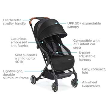 Contours Bitsy Elite Lightweight Baby Stroller, Toddler Stroller, Compact Stroller for Travel, Foldable Stroller with Adapter Free Infant Car Seat Compatibility, Easy One-Hand Fold - Onyx Black