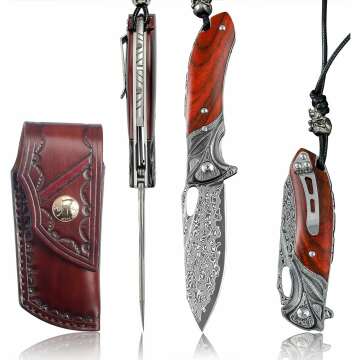 Exquisite Praxis Handmade Damascus Steel Folding Pocket Knife with Leather Sheath