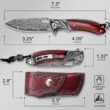 Damascus Steel Folding Pocket Knife with Leather Sheath