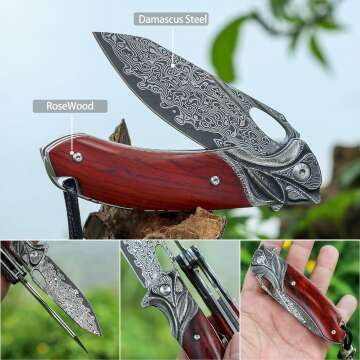 Damascus Steel Folding Pocket Knife with Leather Sheath