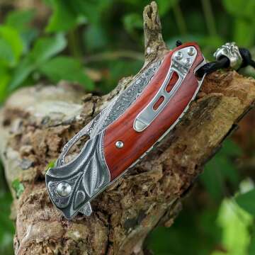 Damascus Steel Folding Pocket Knife with Leather Sheath