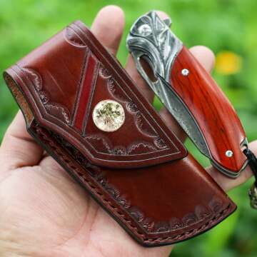 Damascus Steel Folding Pocket Knife with Leather Sheath