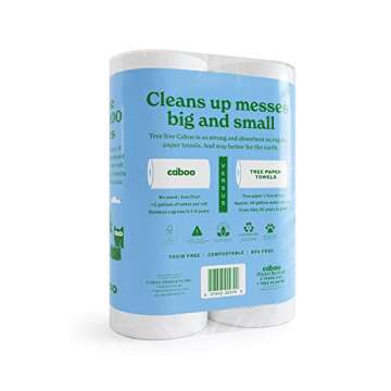 Caboo Tree Free Paper Towels, 2 Rolls, Tree Free, Eco Friendly, Earth Friendly, Sustainable Kitchen Paper Towels with Strong 2 Ply Sheets