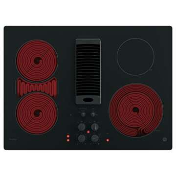 GE PP9830DJBB Profile Series Electric Cooktop with 4 Burners and 3-Speed Downdraft Exhaust System, 30", Black