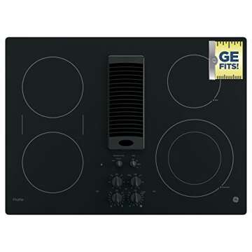 GE PP9830DJBB Profile Series Electric Cooktop with 4 Burners and 3-Speed Downdraft Exhaust System, 30", Black