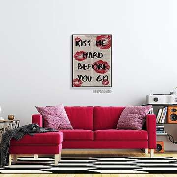 Yostyle Fashion Kiss Canvas Wall Art,Funky Preppy Red Lips Room Aesthetic Posters, Vintage 70s Hippie Pop Print, Trendy Y2K Black Wall Decor, Girly Dorm Bedroom Groovy Picture 12x16in Unframed