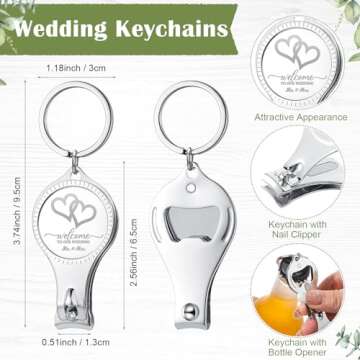 Fulmoon 50 Sets Wedding Multi Function Bottle Opener Nail Clipper Wedding Favors Brewery 50 Cards 50 White Organza Bags for Party Supplies Gift Souvenir Guests Men Women