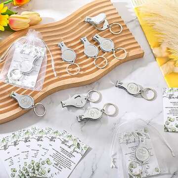 Fulmoon 50 Sets Wedding Multi Function Bottle Opener Nail Clipper Wedding Favors Brewery 50 Cards 50 White Organza Bags for Party Supplies Gift Souvenir Guests Men Women