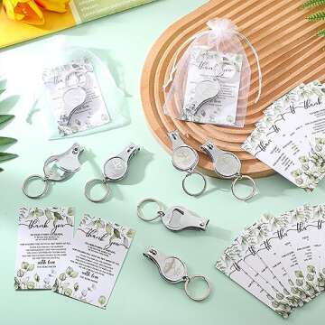 Fulmoon 50 Sets Wedding Multi Function Bottle Opener Nail Clipper Wedding Favors Brewery 50 Cards 50 White Organza Bags for Party Supplies Gift Souvenir Guests Men Women