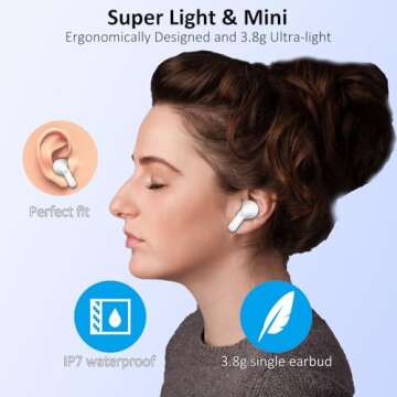 Wireless Earbud Bluetooth 5.3 Headphones, Hi-Fi Stereo Ear Buds with 4 ENC Cancelling Mics, 40H in-Ear Earphones IP7 Waterproof Sports, LED Display, Mini Headset for Laptop Pad TV Android/iOS, White