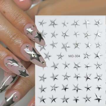 6 Sheets Star Nail Stickers for Nail Art 3D Black Gold Silver Star Nail Art Stickers Self-Adhesive Star Stickers with Rhinestones Glitter Designs Chrome Nail Decals for Women Girls DIY Acrylic Nails